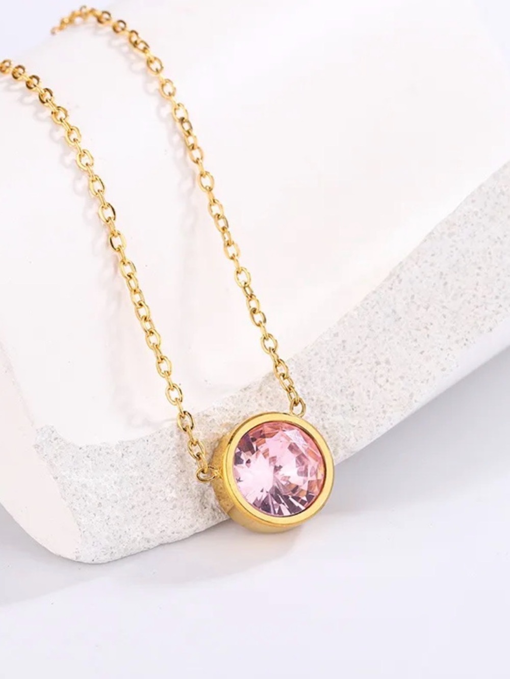 Gold Pendant Necklace with Pink Crystal
